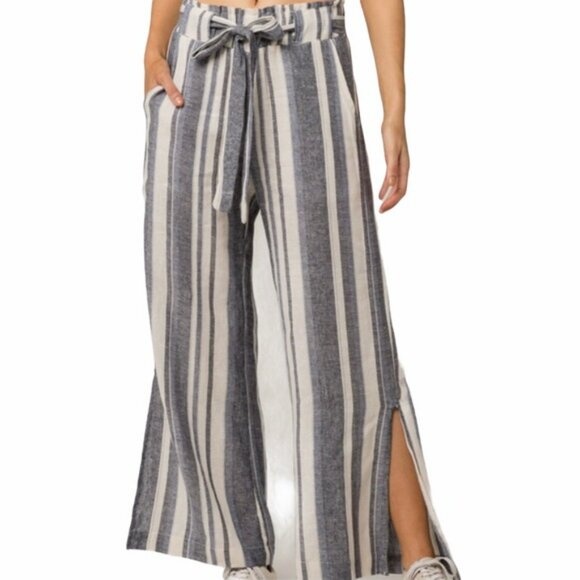 Indigo Rein Pants Womens M Blue Ivory Wide Leg Cropped Linen Blend Pull On Belt - Picture 1 of 9